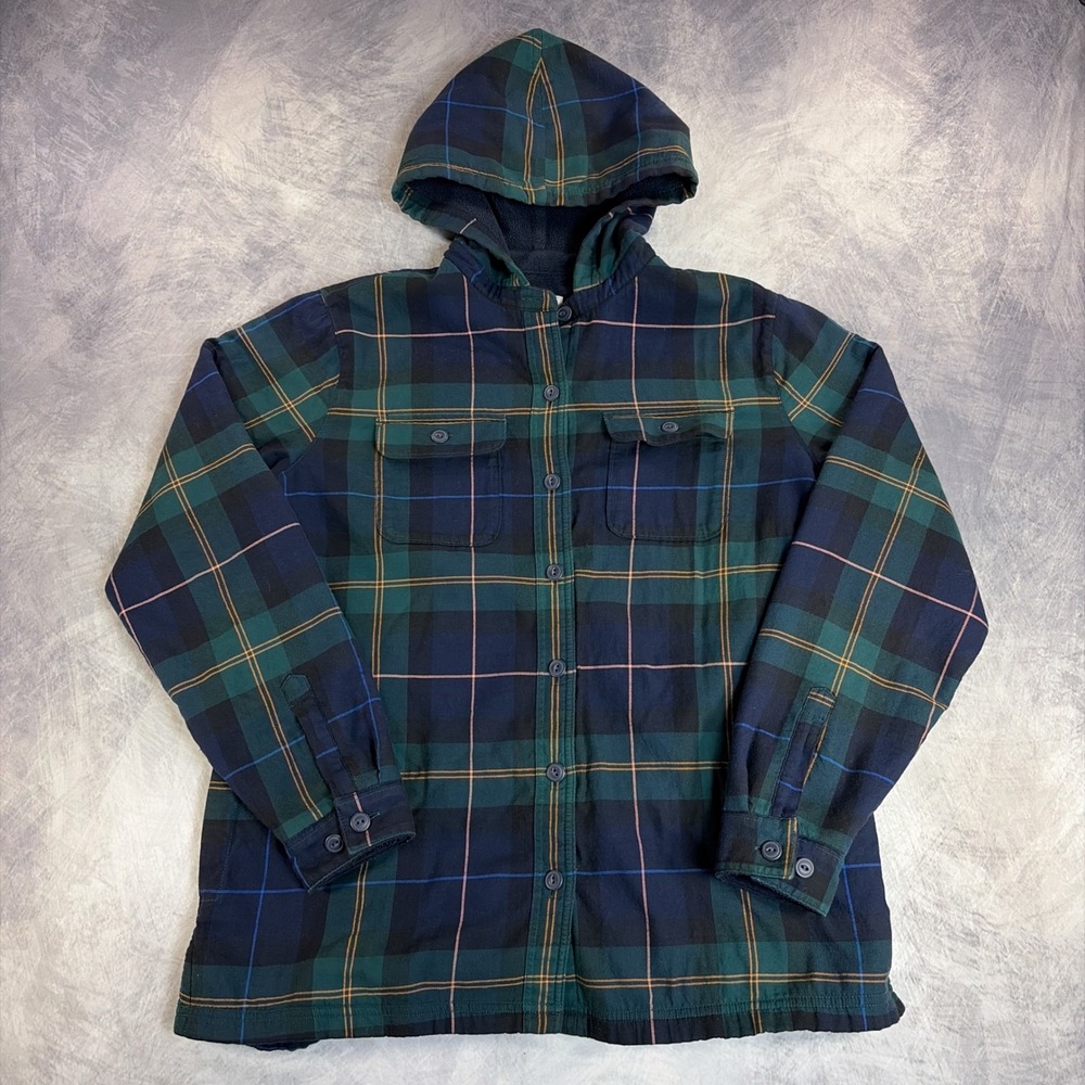 L.L. Bean Flannel Shirt Jacket Mens Medium Green Plaid Fleece Lined Hooded